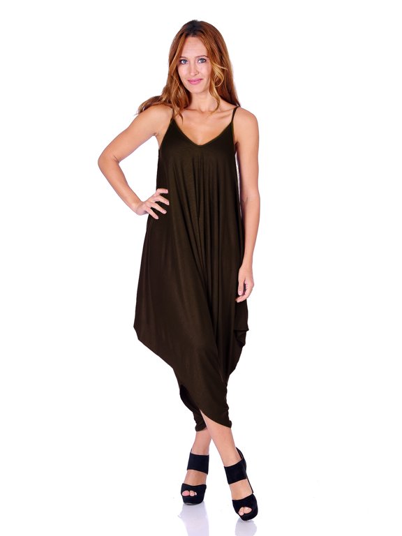 SR Women's Casual Solid Spaghetti Strap Loose Fit Harem Jumpsuit, 2X, Brown