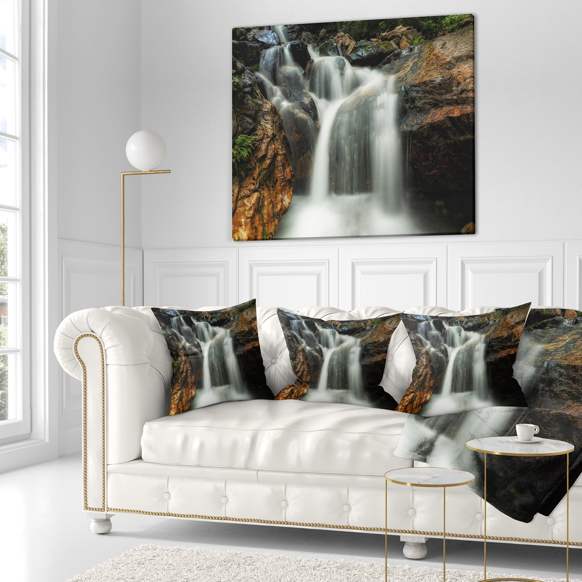 Designart Slow Motion Waterfall on Rocks - Landscape Printed Throw Pillow - 16x16