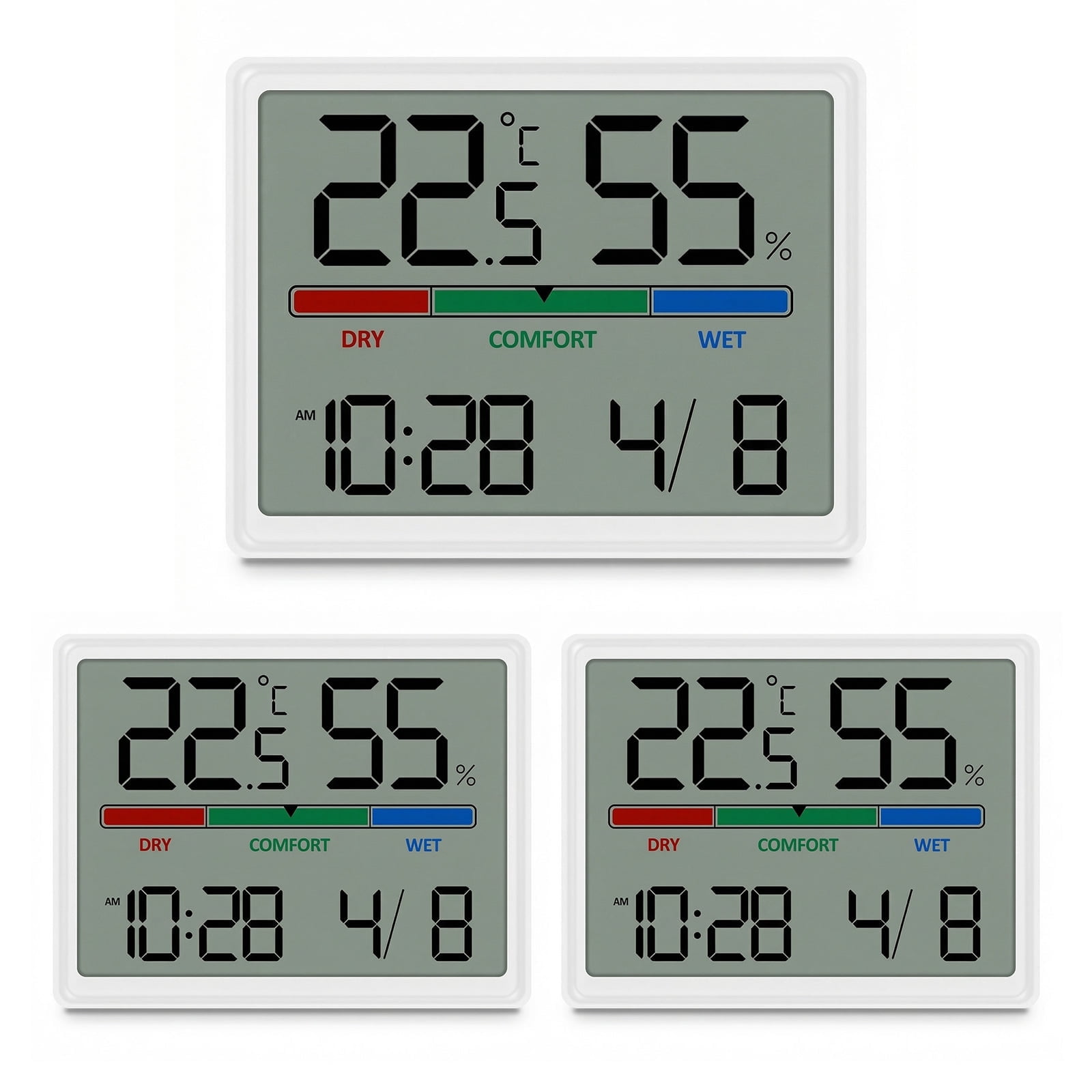 Wakehye 3Pcs Digital Hygrometer,Digital Temperature & Humidity Monitor with Calibration, Clear LCD Display & Clock,Accurate Room Gauge for Home, Baby Room, Office,White