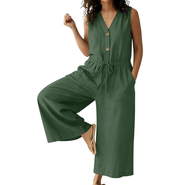 Women's Summer Cotton Linen Jumpsuits Loose V Neck Button Down Drawstring Wide Leg Pants Rompers Overall with Pockets