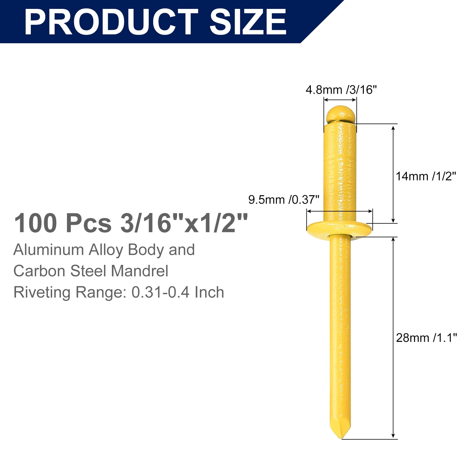 Uxcell 100Pcs 3/16"x1/2" Aluminum Blind Rivets, Dome Head Long Split Rivets, Yellow