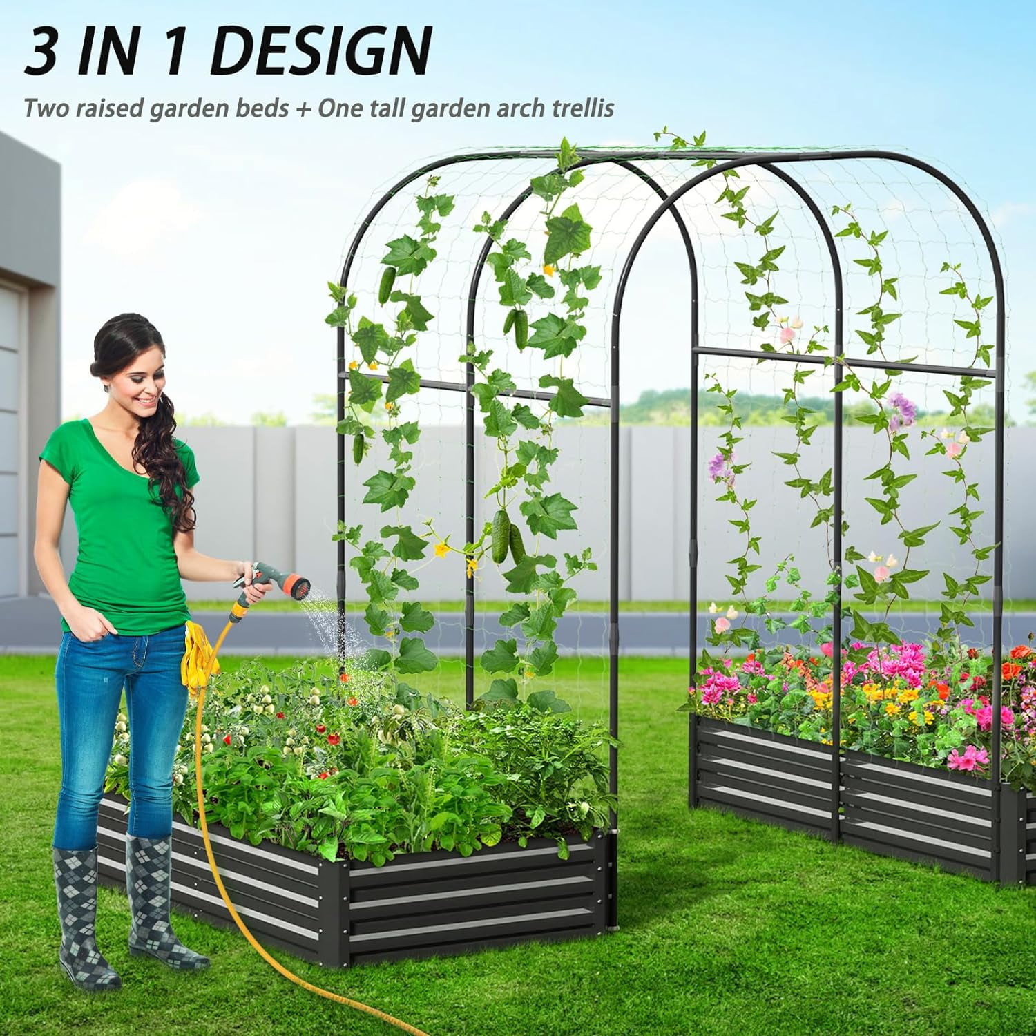 Slsy 3 in 1 Galvanized Raised Garden Bed with 87in Tall Arch Trellis for Climbing Plants, Galvanized Planter Garden Box Outdoor for Gardening,Black