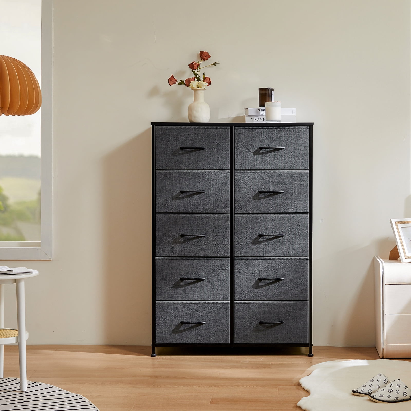 Aidoly Dresser for Bedroom, 10 Storage Drawers, Anti-Tip Tall Fabric Closet Chests Organizer Tower Furniture with Wooden Top Metal Frame for Living Room, Hallway, Entryway, Grey
