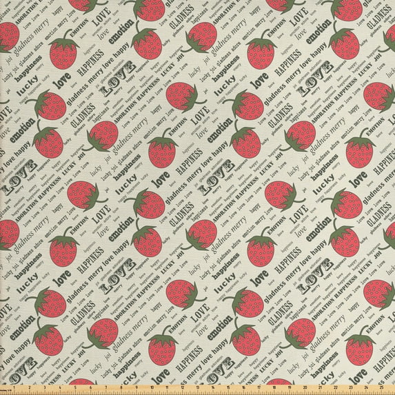 Fruits Sofa Upholstery Fabric by the Yard, Retro Valentine Theme with Strawberry Love Happiness Merry Lucky Image, Decorative Fabric for DIY and Home Accents, Eggshell Ruby Army Green by Ambesonne