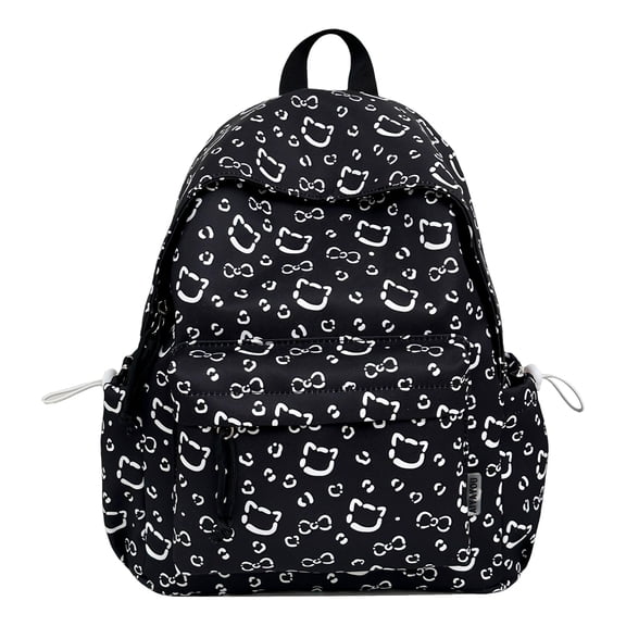 Cat Print School Backpack, Cute Aesthetic Backpack with Drawstring Side Pockets&Pendant, Lightweight Breathable Bookbag for Shopping Work Dating Daily Use, Black