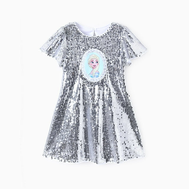 Disney Disney Princess Robes Filles Elsa Argent Graphique Paillettes Manches Courtes Ensembles Mode Filles Tailles 3-6