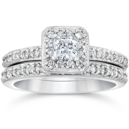 Pompeii 1 1/4ct Princess Cut Halo Diamond Engagement Ring Set 14K White Gold (G/H,I1)