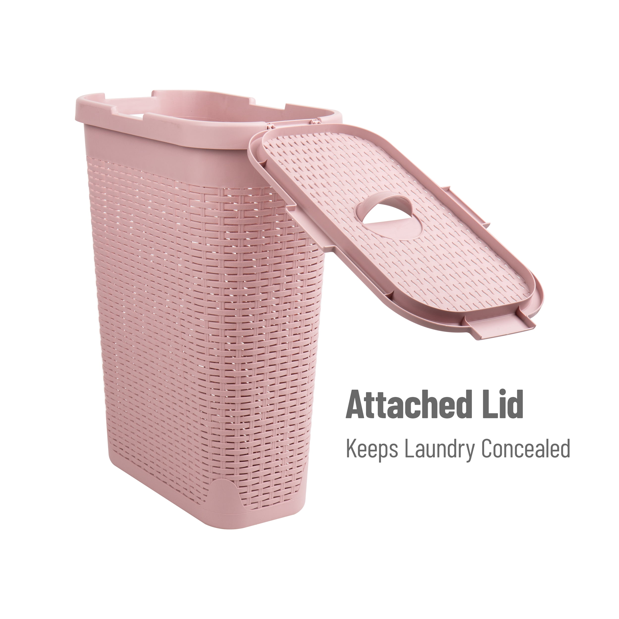 Mind Reader 40L Slim Laundry Hamper, Clothes Basket, Lid, Wicker Design, Plastic, 18"L x 10.4"W x 23.5"H, Pink