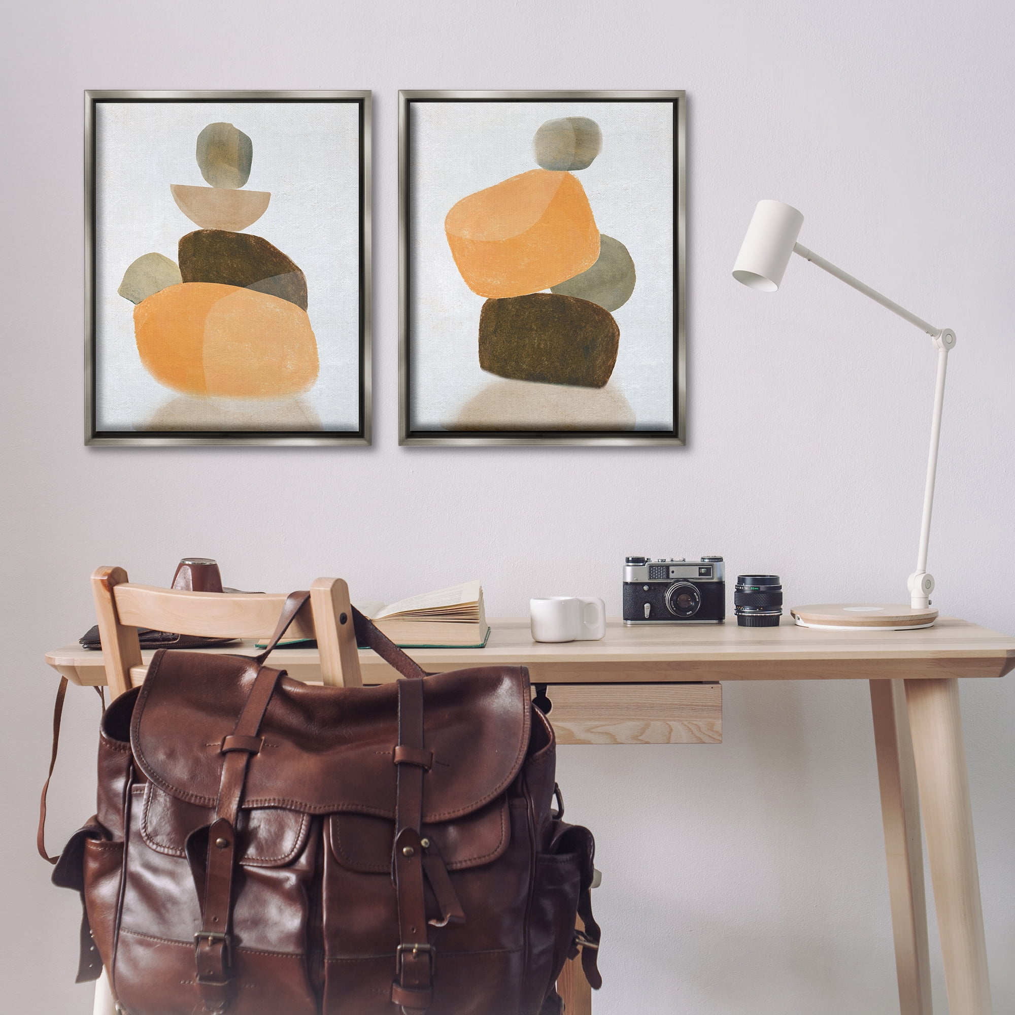 Stupell Industries Stacked Abstract Pebbles Abstract Painting Gray Floater Framed Canvas Art Print Wall Art, 31 x 25, Set of 2