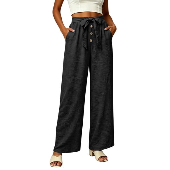 cocolona Womens Summer Casual Linen Pants Elastic Waist Drawstring Wide Leg Vacation Beach Pants with Pockets
