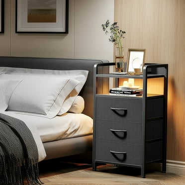 Bestco Modern LED Nightstand with 3 Drawers Bedside Table with Charging Station Black