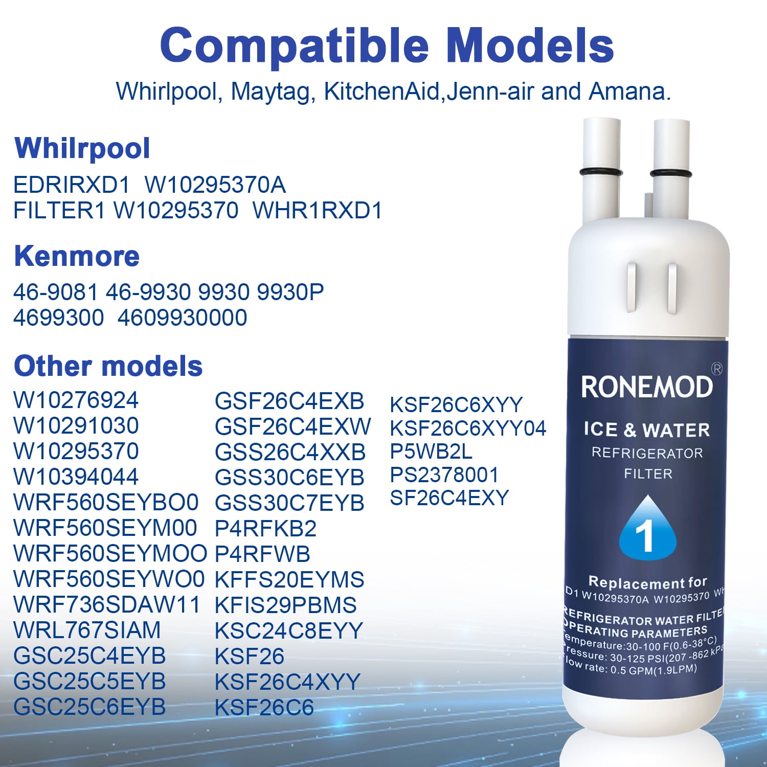 EDR1RXD1 Water Filter 1 Replacement Compatible with W10295370A WHR1RXD1 EDRIRXD1B 9081 9930 46-9081 46-9930 P5WB2L, 2 Pack