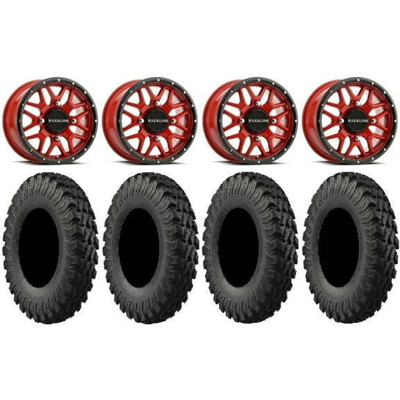Raceline Krank 15" Wheels Red 32" MotoRally Tires Can-Am Commander Maverick Renegade Outlander Defender