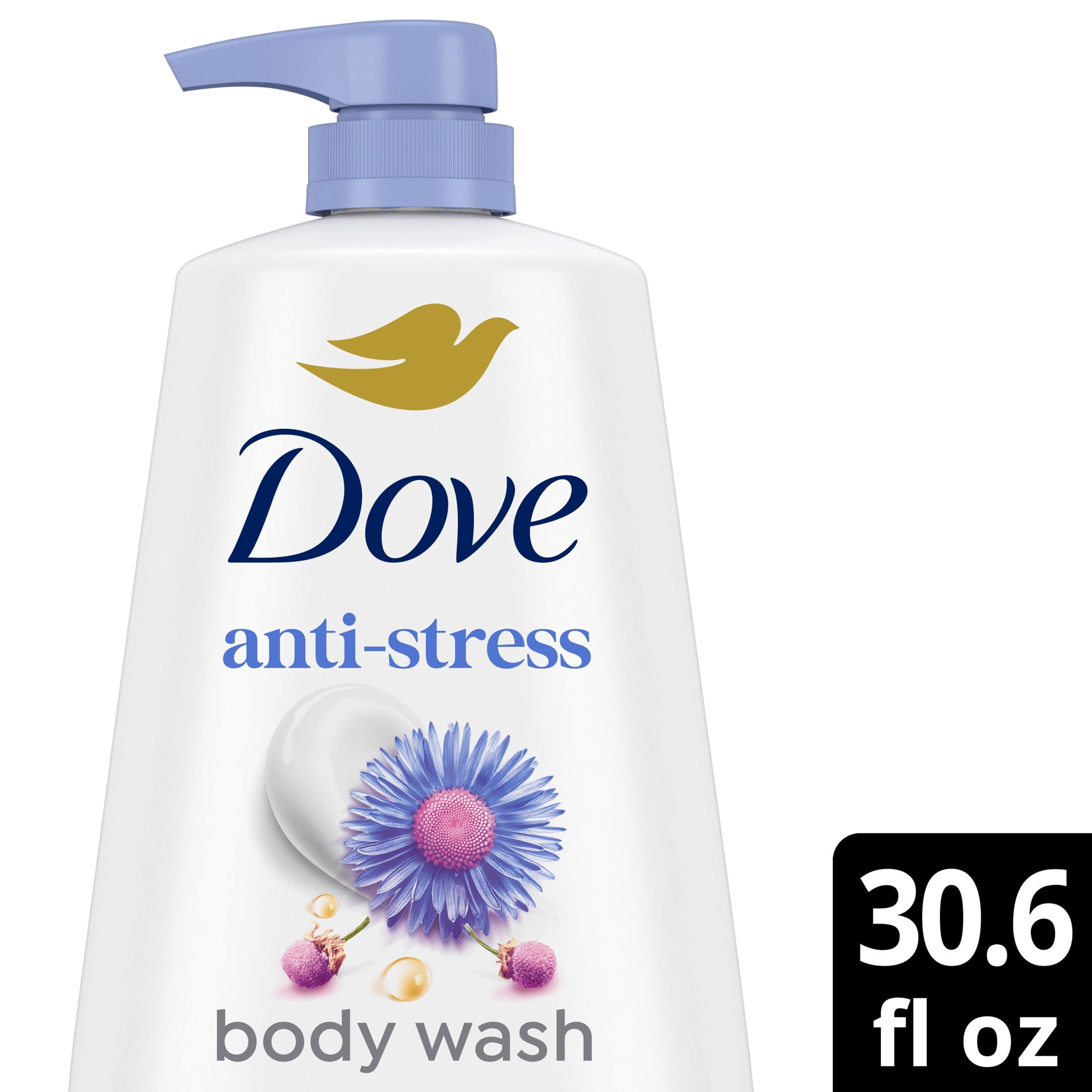 (3 pack) Dove Body Wash With Pump For 24hr Lotion-Soft Skin Anti-Stress Blue Chamomile & Oat Milk, Moisturizing Skin Cleanser with No Sulfates No Parabens ,30.6 Fl oz