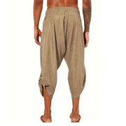 GLESTORE Men's Linen Pants Mens Capri Pants Elastic Waist Summer Beach Casual Khaki M