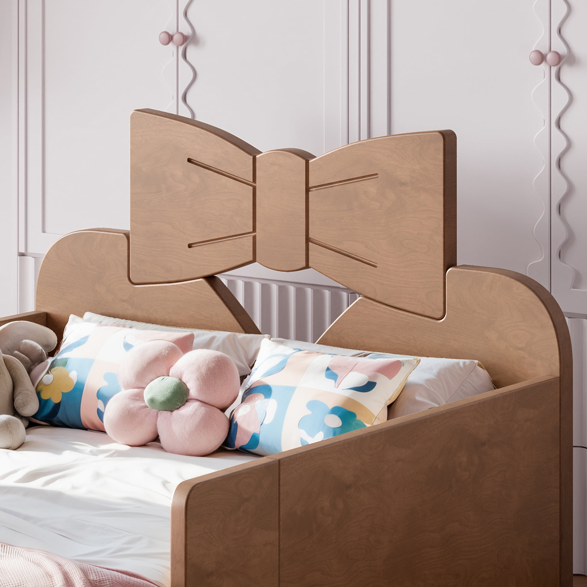 Twin Size Kids Platform Bed 78 Inch, Bowknot Headboard with Surround Guardrails and Built In Bookshelf, No Box Spring Needed, Deep Natural