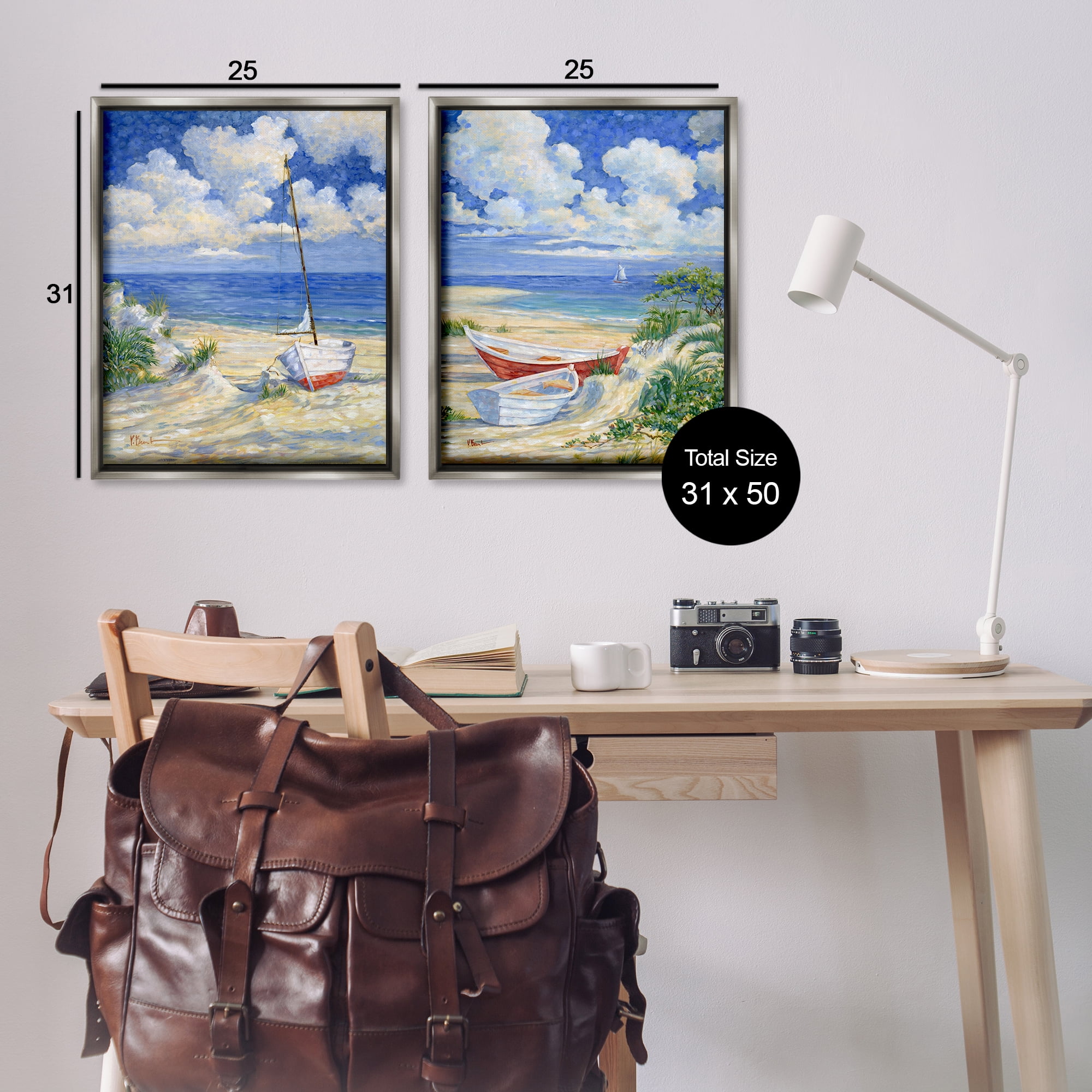 Stupell Industries Row Boat on Sandy Beach Nautical & Beach Painting Gray Floater Framed Canvas Art Print Wall Art, 31 x 25, Set of 2