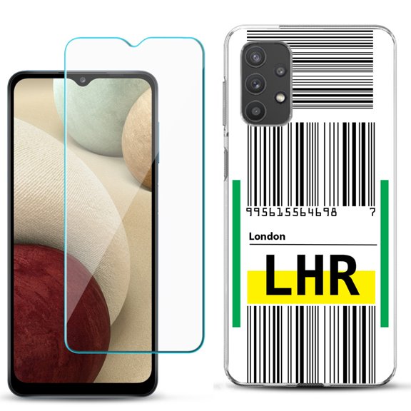 Slim-Fit TPU Phone Case compatible with Samsung Galaxy A32 5G, with Tempered Glass Screen Protector, by OneToughShield ® - Airport Tag / London