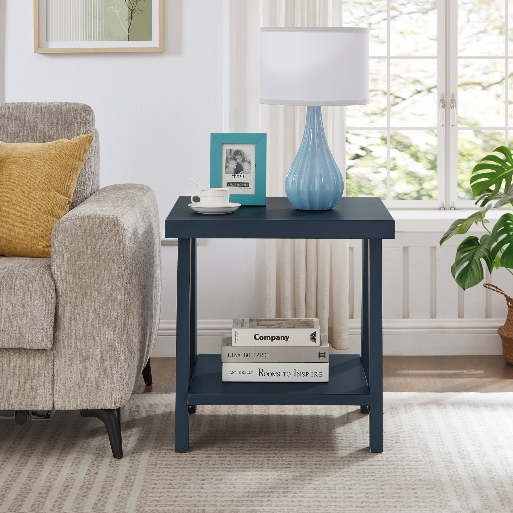 Roundhill Furniture Athens Contemporary Wood Shelf End Table in Navy Blue