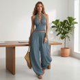 thumbnail image 3 of Quixlent Women's Halter Sleeveless Summer 2 Piece Sets, Pleated Ruffle Backless V Neck Top And Wide Leg Pants Matching Outfits, 3 of 8