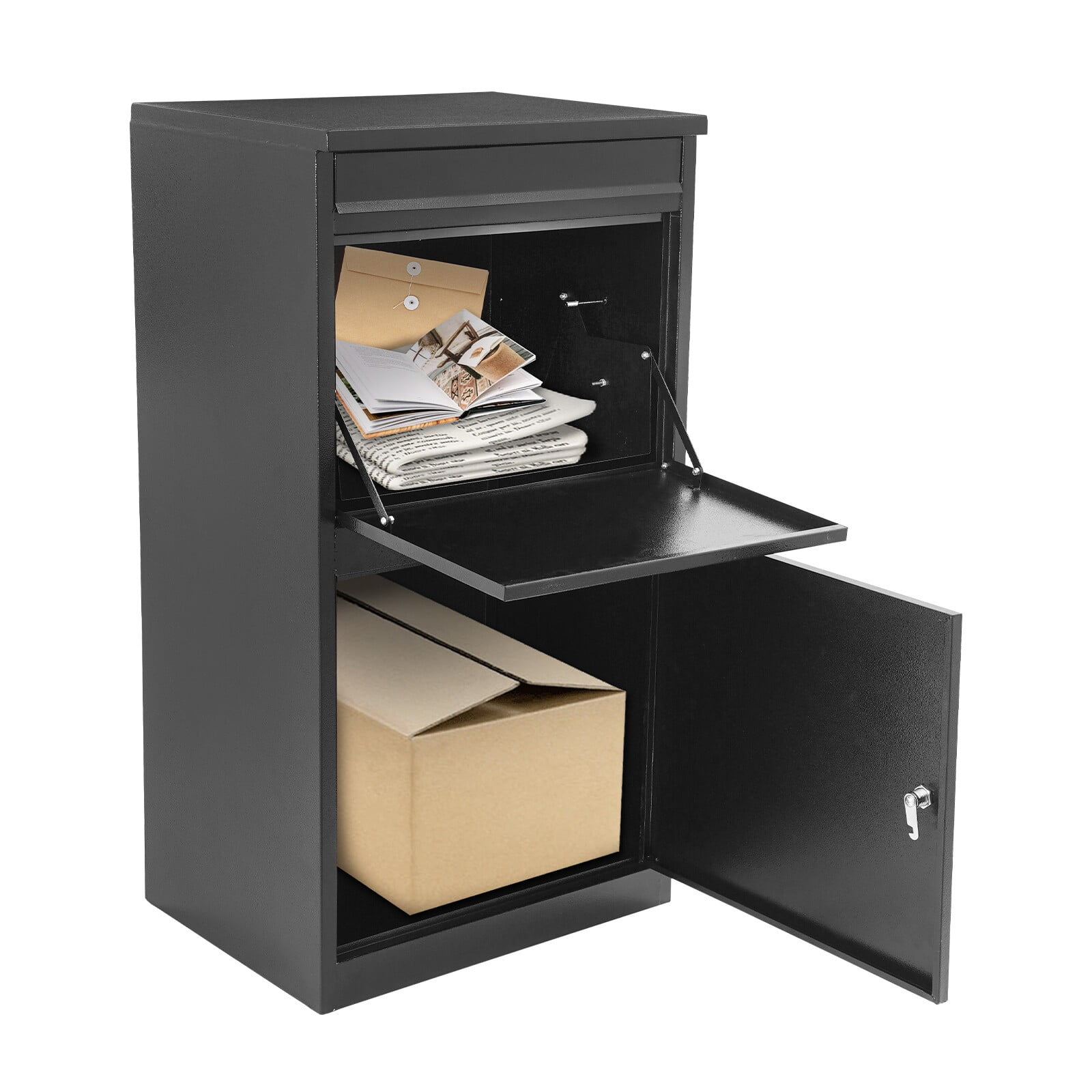48*38*90cm Delivery Box Wall-Mount Parcel Drop Box Mail Box with Key Lock Black for Homes, Restaurants, Offices