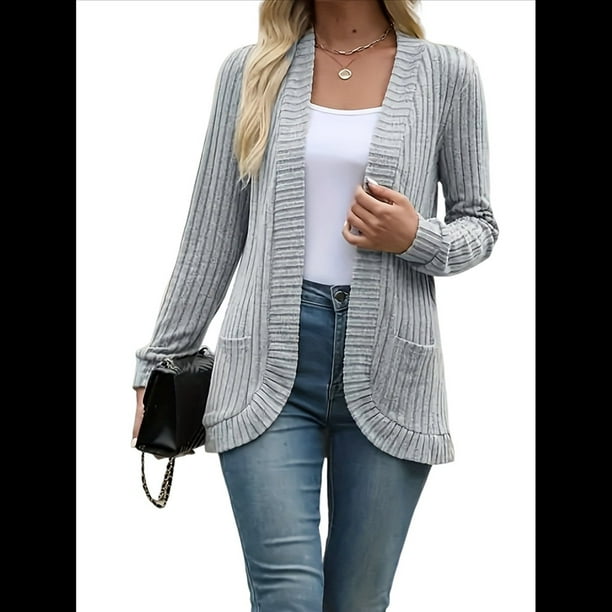 Suéter Cárdigan para Mujer, Abierto Al Frente, de Larga y con Bolsillos. Gris XXL
