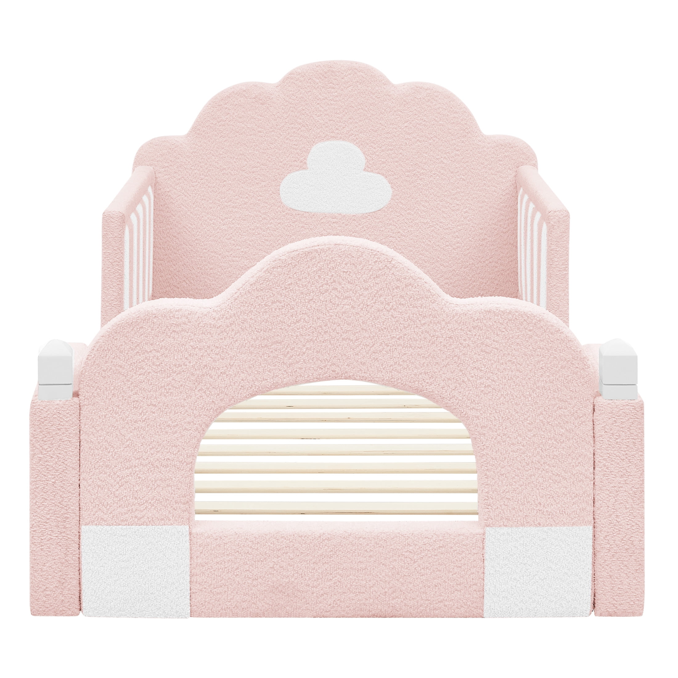 GDF Studio Arvion Twin Size Cloud Bed with Safety Guardrails & Solid Wood Frame, Boucle Fabric Upholstered Bed, Pink