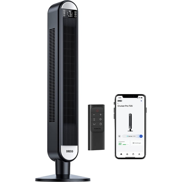 ventilador de torre dreo smart de 42 pulgadas con oscilación de 90° para el hogar negro, vista frontal 3/4 de torre sin aspas con base circular, rejilla vertical y pantalla LED superior, mando a distancia negro y teléfono mostrando la app Dreo con controles de velocidad y temporizador; fondo blanco, compatible con Alexa/Google y temporizador de 12 horas; también suele usarse para ventilar oficinas domésticas compactas.