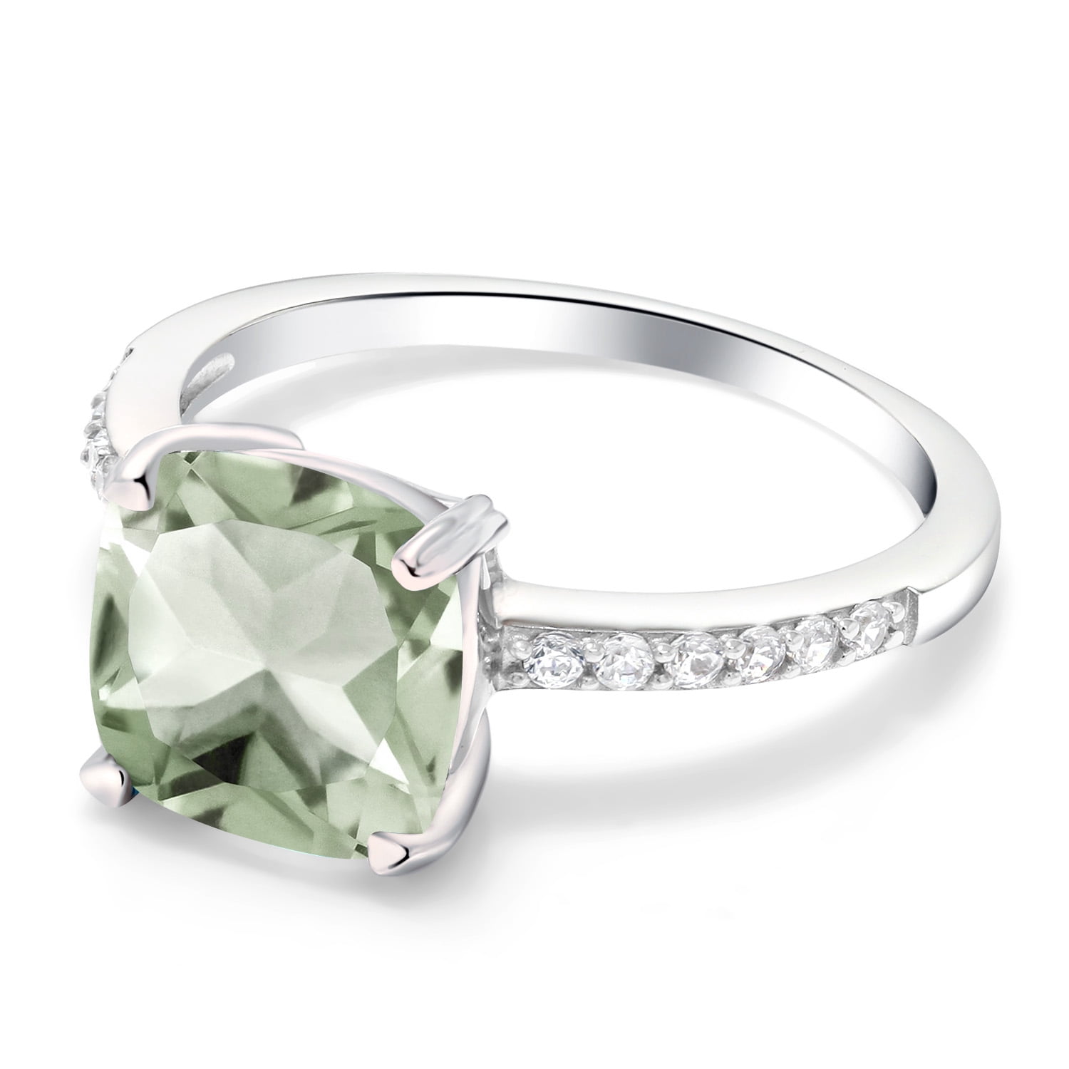 Gem Stone King 2.17 Cttw Green Prasiolite Engagement Ring for Women in 925 Sterling Silver | Cushion Cut 8MM | Gemstone Birthstone | Available in Size 5, 6, 7, 8, 9