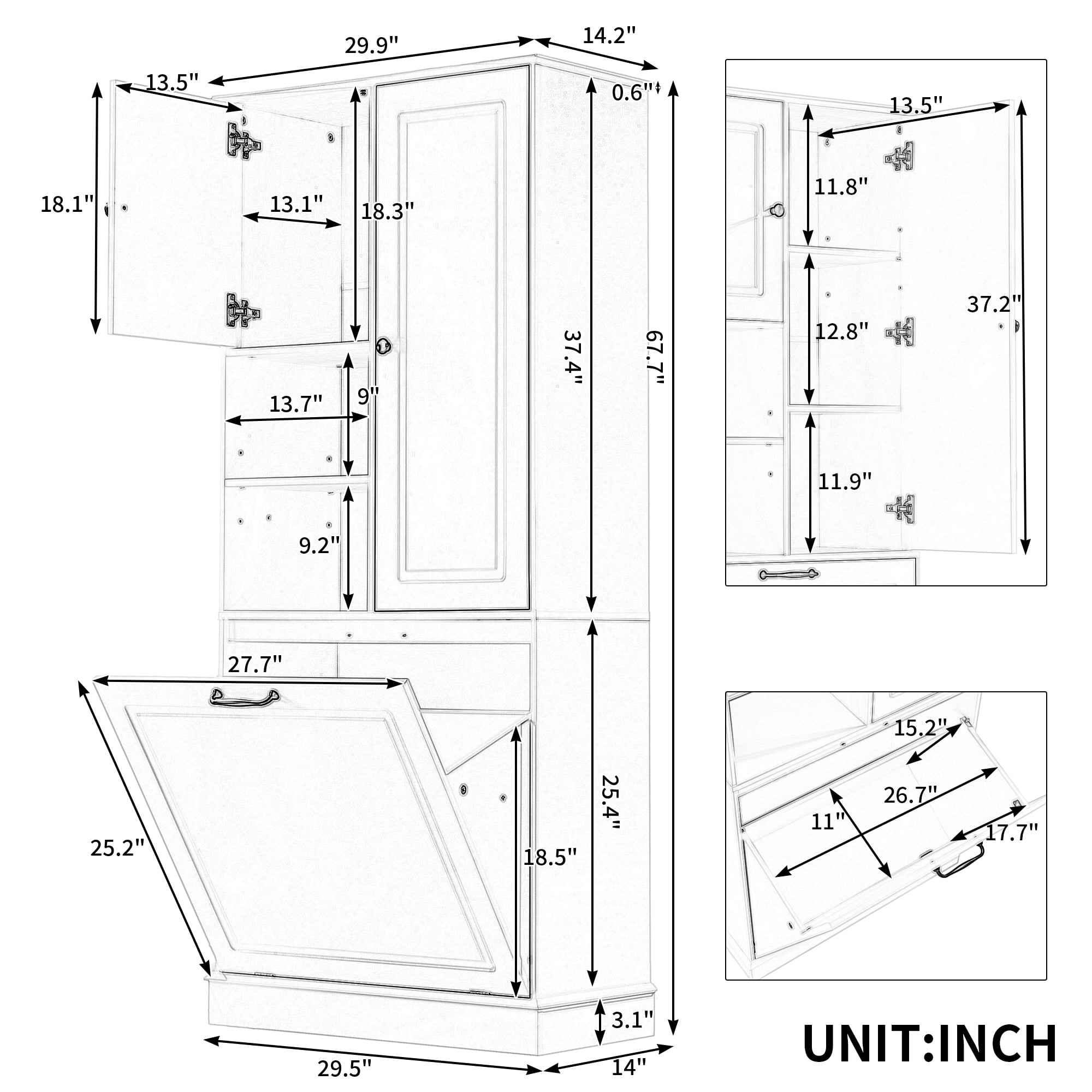 Tall Storage Cabinet with Adjustable Shelves, Large Flip-Out Basket & Enclosed Cabinets – Perfect for Bathroom, Living Room, or Office, MDF Material with Aluminum Alloy Handles