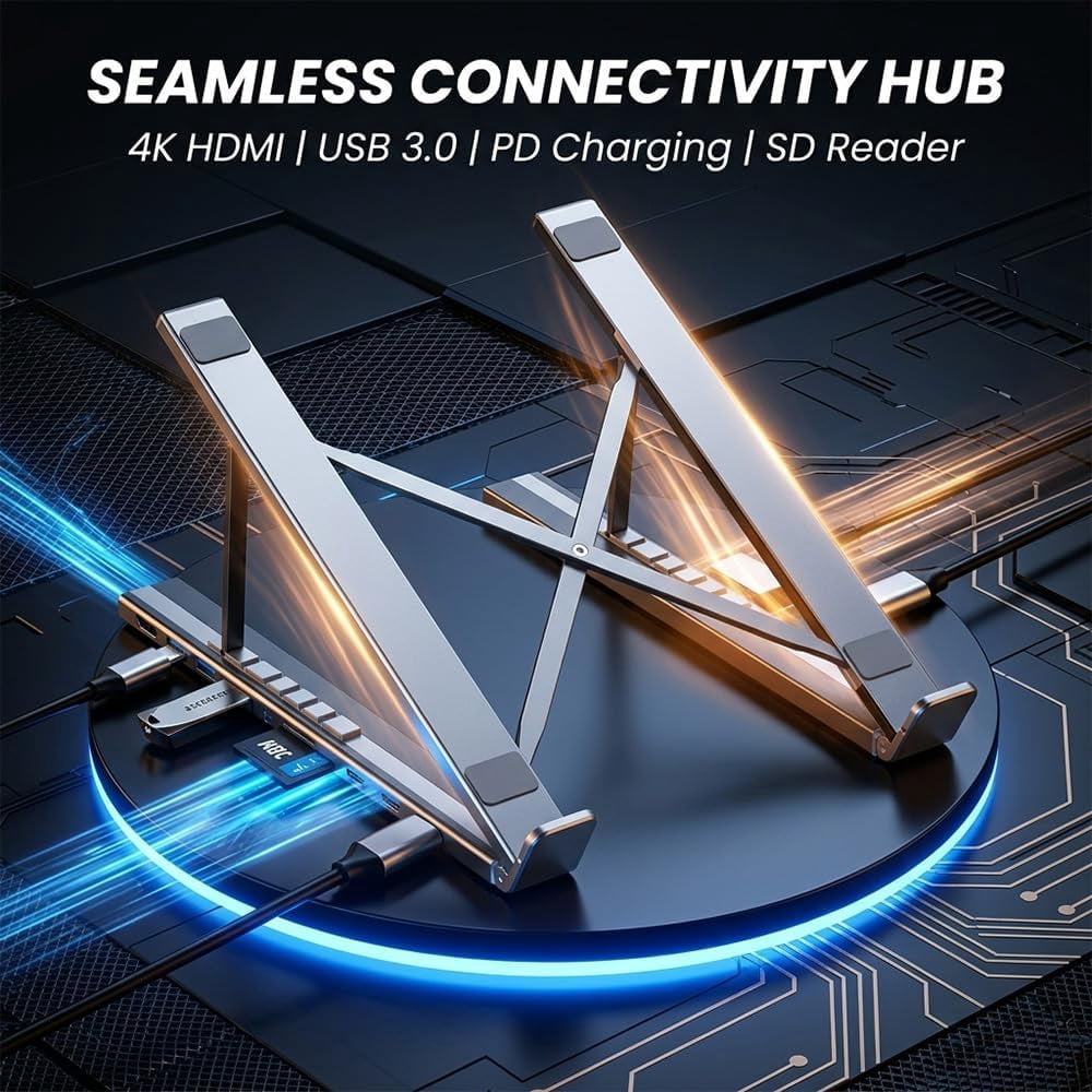 8-in-1 Tablet Docking Station Stand Ergonomic Laptop Stand with 4K TF USB 3.0 USB-C PD 100W Fast Charging Aluminum Alloy Silver Portable Lightweight Adjustable(xxw)
