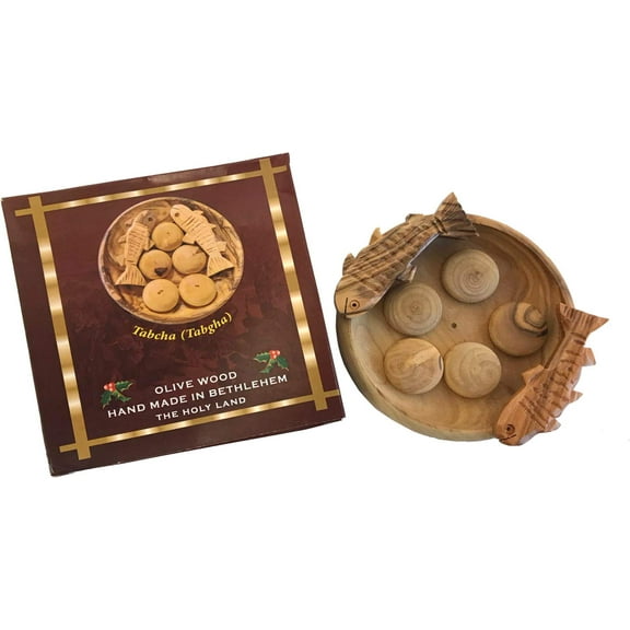 Holy Land Market Fish and Bread Multiplication - Two Fish and Five Loaves Carved from Olive Wood of Bethlehem (3.5 inch Plate)