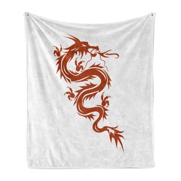 Japanese Dragon Soft Flannel Fleece Blanket, Simple Japanese Ornamental Red Silhouette of Fantasy Fiery Character, Cozy Plush for Indoor and Outdoor Use, 70" x 90", White Dark Orange, by Ambesonne