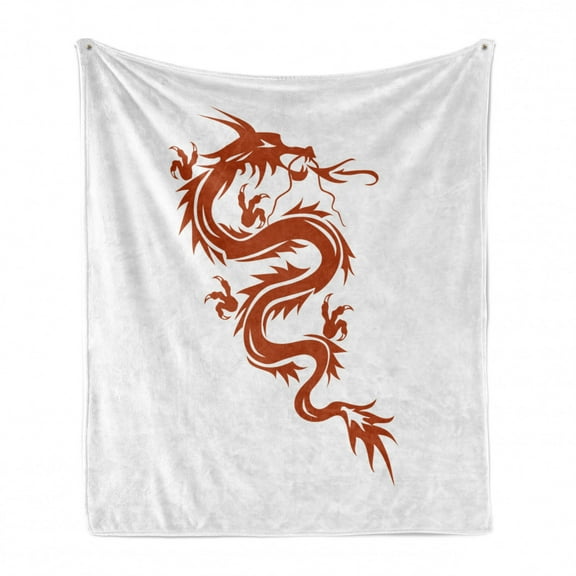 Japanese Dragon Soft Flannel Fleece Blanket, Simple Japanese Ornamental Red Silhouette of Fantasy Fiery Character, Cozy Plush for Indoor and Outdoor Use, 50" x 60", White Dark Orange, by Ambesonne