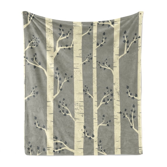 Birch Soft Flannel Fleece Throw Blanket, Tree Branches Vintage Bohemian Contemporary Illustration of Nature, Cozy Plush for Indoor and Outdoor Use, 60" x 80", Pale Yellow and Warm Taupe, by Ambesonne