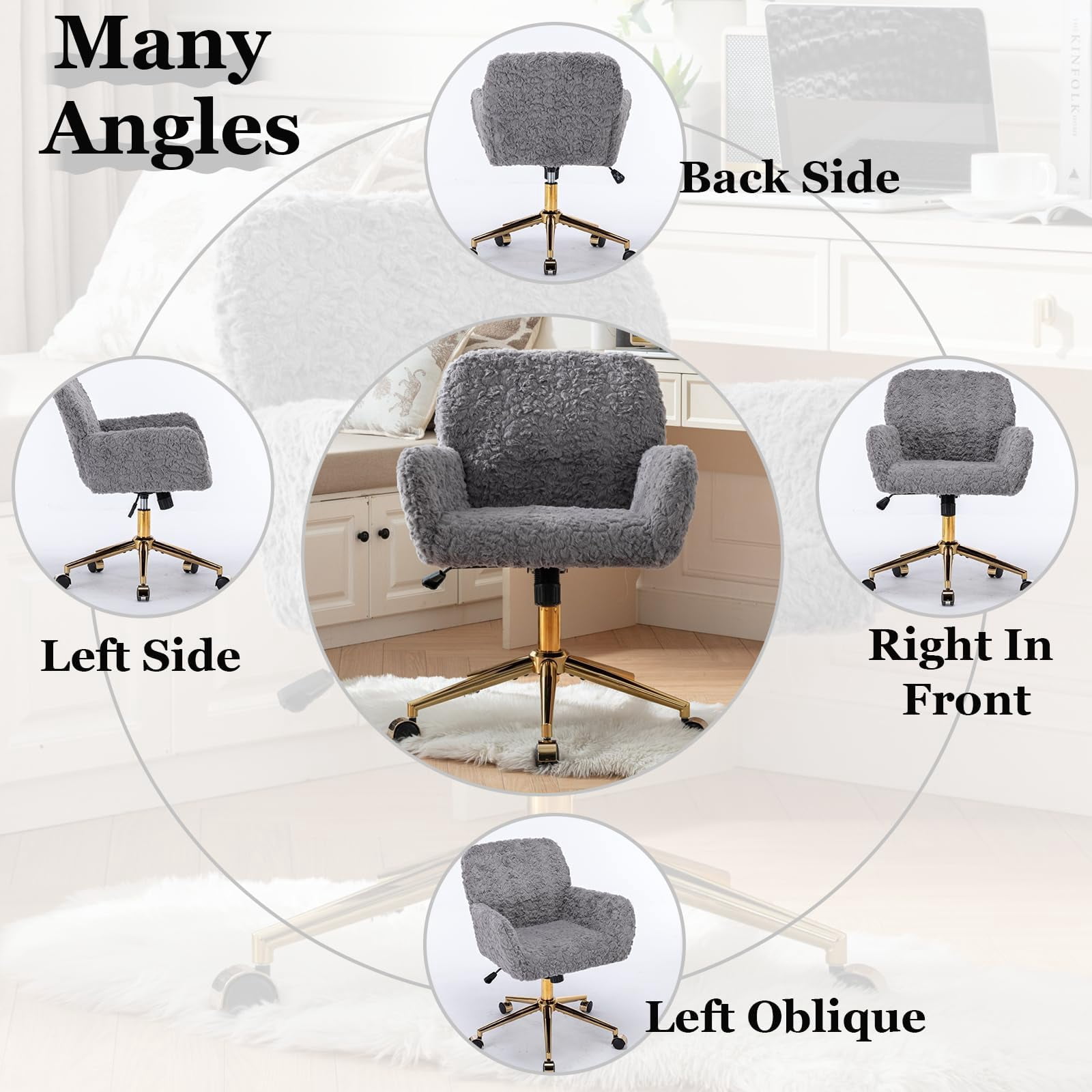 JESTOP Furry Cute Office Chair, Modern Swivel Desk Chair with Wheels, Adjustable Makeup Vanity Chairs with Back, Upholstered Rolling Chairs for Vanity Makeup Room Study Indoor