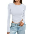 thumbnail image 5 of Women's Casual Basic Crop Tops Slim Fit Long Sleeve Crew Neck Solid Color Fall Pullover Shirts Tight Tee White XS, 5 of 5