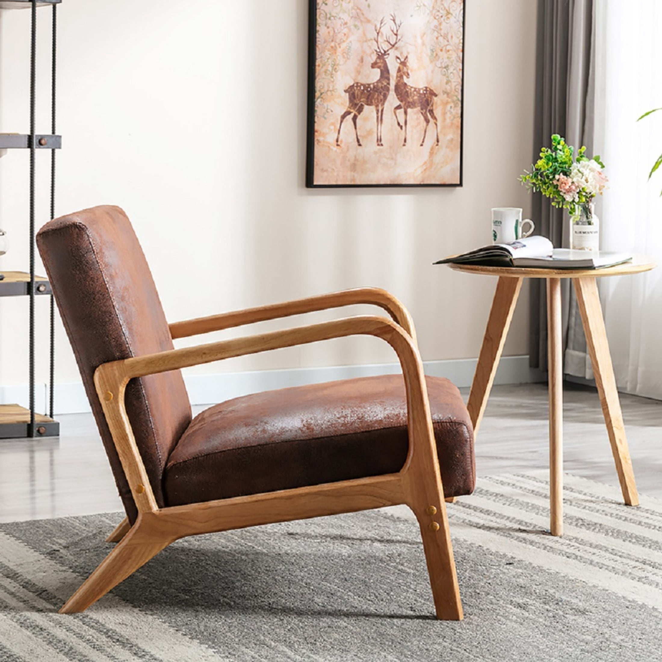 GDF Studio 32.7" Mid-Century Modern Accent Chair with Open Wood Frame, Microfiber Upholstery, Brown
