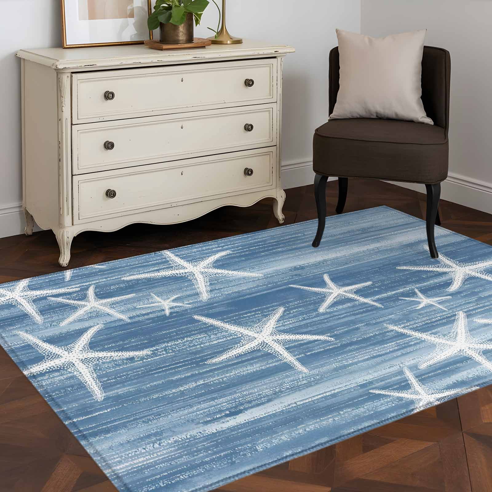 Blue Coastal Area Rugs 4'x6', Washable Small Throw Rugs for Office Bathroom, Summer Ocean Waves Ombre Sea Starfish Indoor Outdoor Rug Non-Slip Low Pile Carpet Runner Reversible Floor Mats
