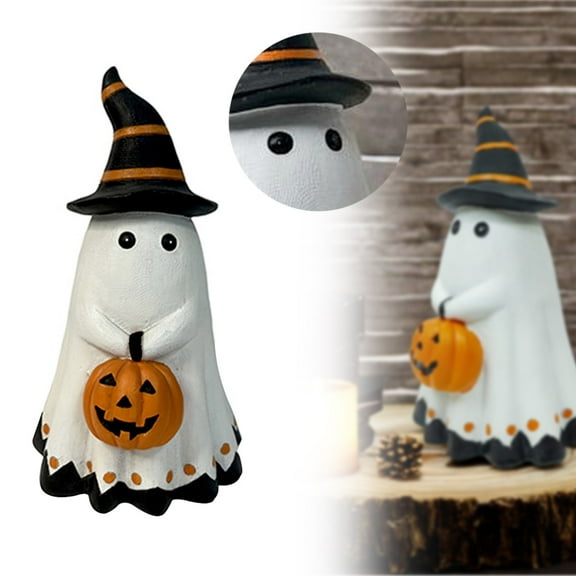 Aminojy White Ceramic Ghost Statue - Vintage Halloween Decor with Jack-O'-Lantern Detail - Perfect for Living Room, Bar & Outdoor Displays (Weatherproof)