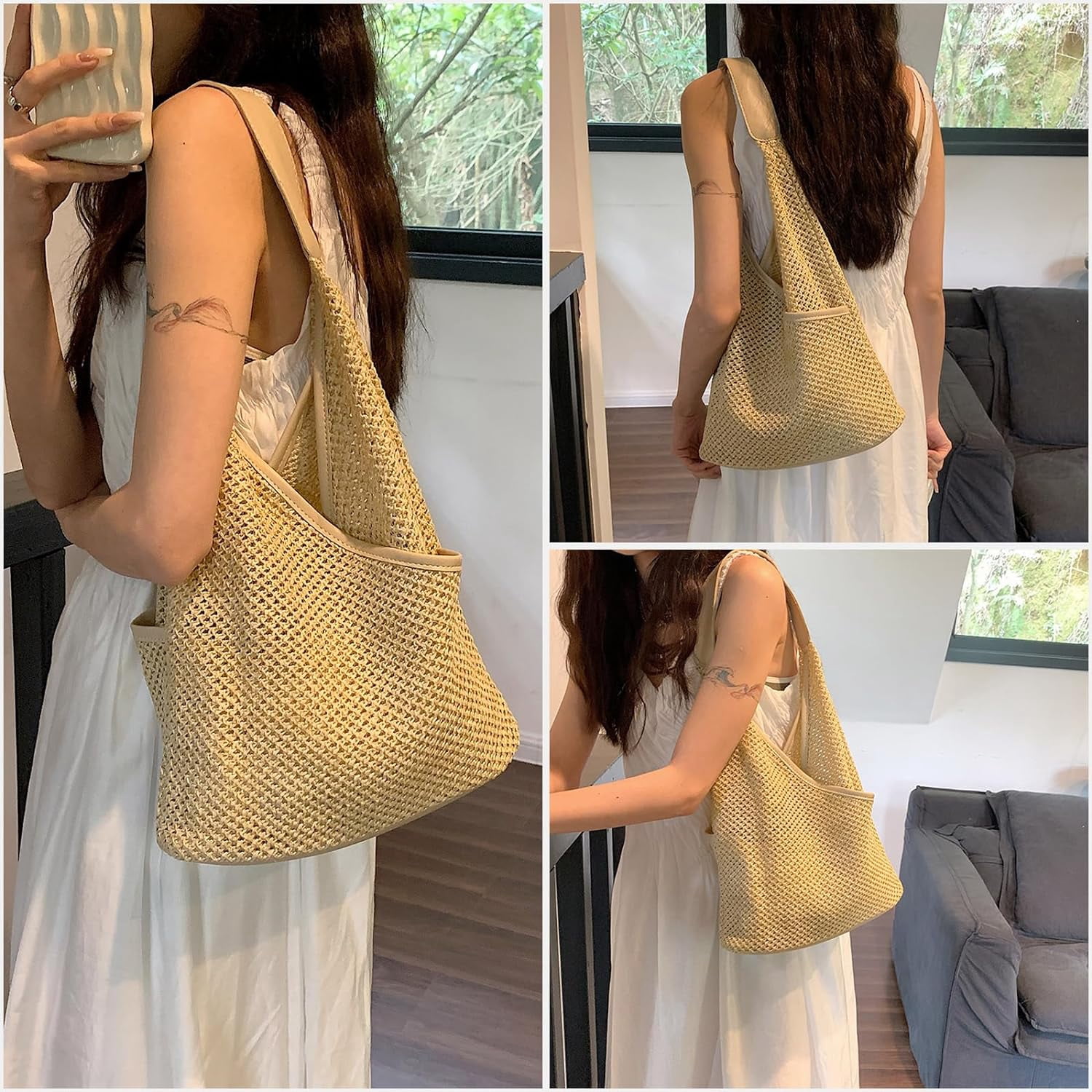 BURIBURI Straw Bags for Women, Summer Straw Purse Crochet Beach Bag Tote Bag Aesthetic Trendy Straw Shoulder Handbags