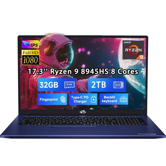 17.3 New Gaming Laptop Ryzen 9 8945HS (Beat i9-13900H, Up to 5.2GHz) 32GB RAM, 2TB SSD, Radeon 780M, PD 100W Type-C AI-Enhanced for Copilot VR Ready, Backlit Keyboard, Fingerprint, 75W Battery