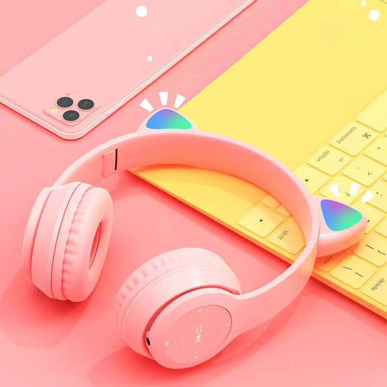 Kids Headphones, Cat Ear Wireless Headphones, LED Light Up Bluetooth over on Ear Purple Headphones for Toddler Boy Girl Teen Children With Microphone,Pink