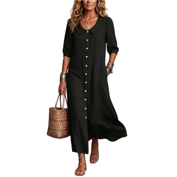 Ayolanni Dresses for Women 2026 Babydoll 3/4 Sleeve V Neck A-Line Maxi Dresses Button Down Beach Solid Hawaii Long Dress with Pockets Black L