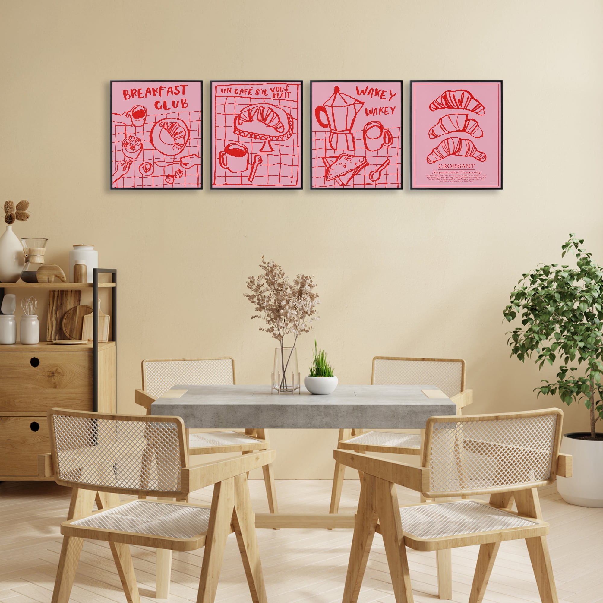 Stupell Industries Pink & Red Breakfast Doodles 4 Piece Black Framed Giclee Art Set, design by Jenaya Jackson