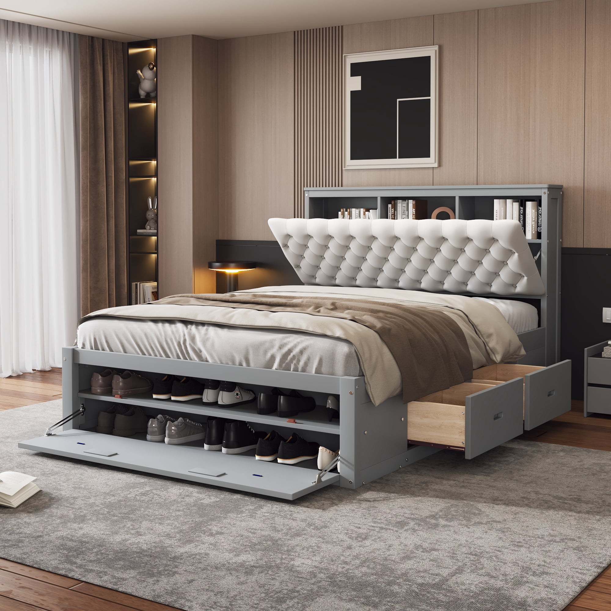Euroco Wood Platform Bed Storage Headboard Drawer Shoe Cabinet