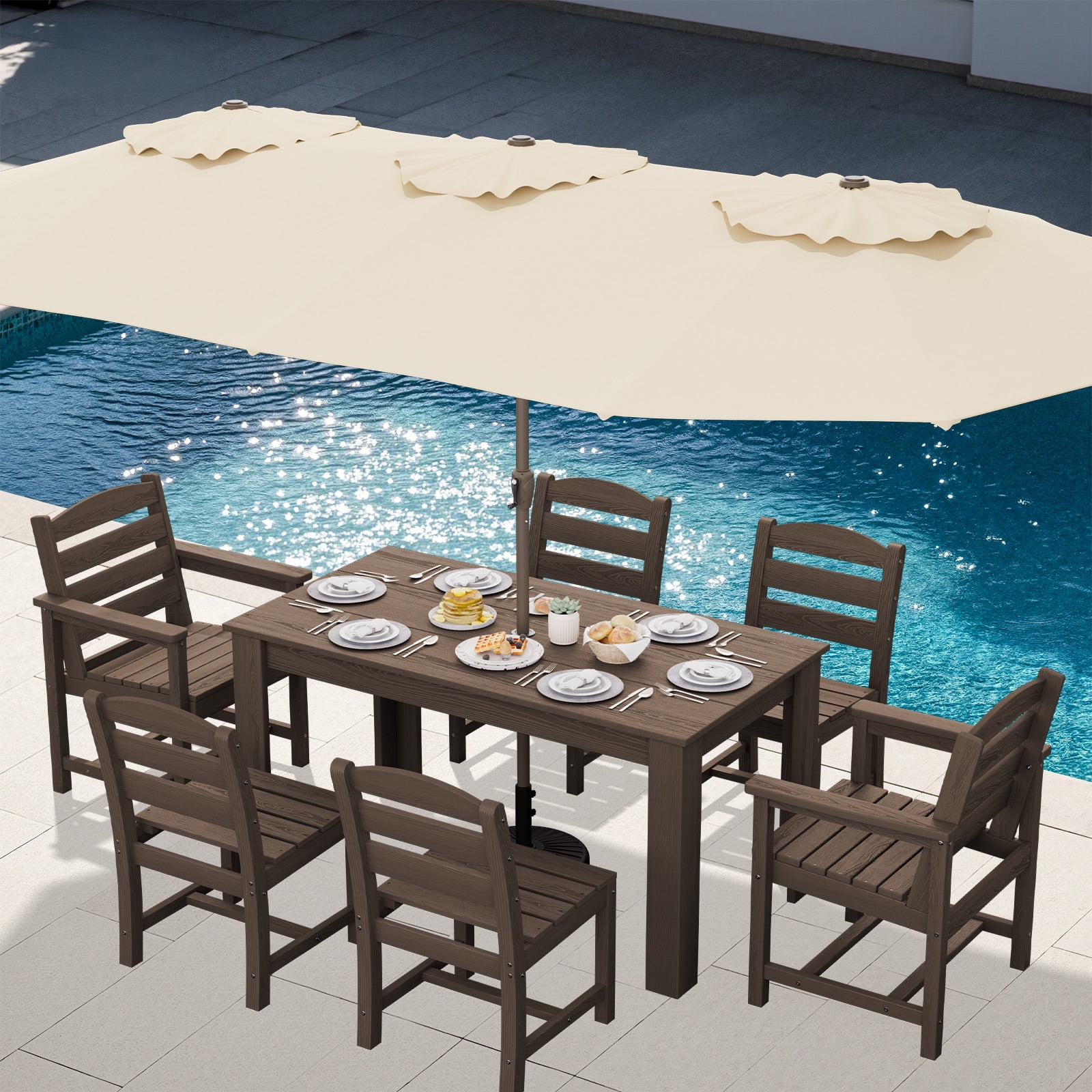 SERWALL Outdoor Dining Set for 10, 2 Outdoor Dining Tables with Umbrella Hole and 8 Armless Dining Chairs, All Weather Patio Dining Set, All Weather Patio Dining Set, Coffee