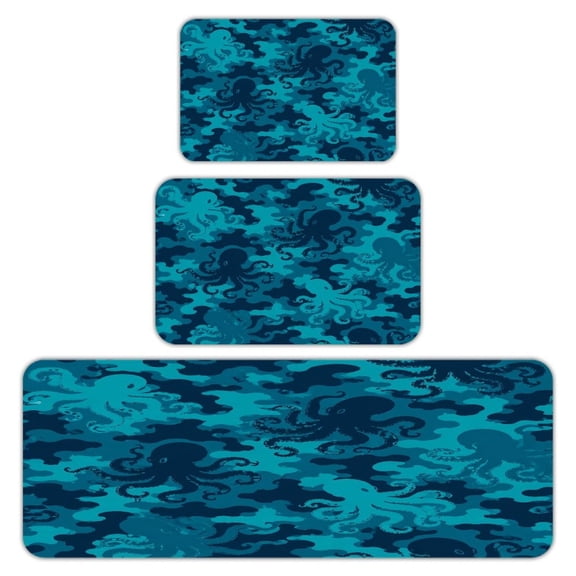 RKSupls Kitchen Rug Set 3 Piece Anti-Slip Flannel Floor Mats, Octopus Camo Teal Washable Absorbent Runner Mats for Kitchen Bathroom Home Decor