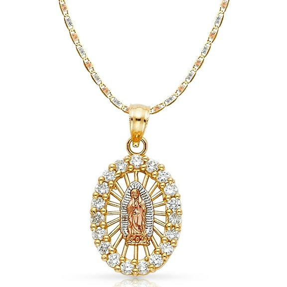14K Tri Color Gold Cubic Zirconia CZ Our Lady of Guadalupe Charm Pendant with 3.3mm Valentino Star Diamond Cut Chain Necklace - 18"