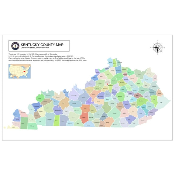 Wall Art Impressions 36x24in Poster Kentucky County Map [Laminated]